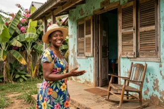 Femme haïtienne accueillant un voyageur à l'entrée d'une maison traditionnelle à Ganare, Haïti