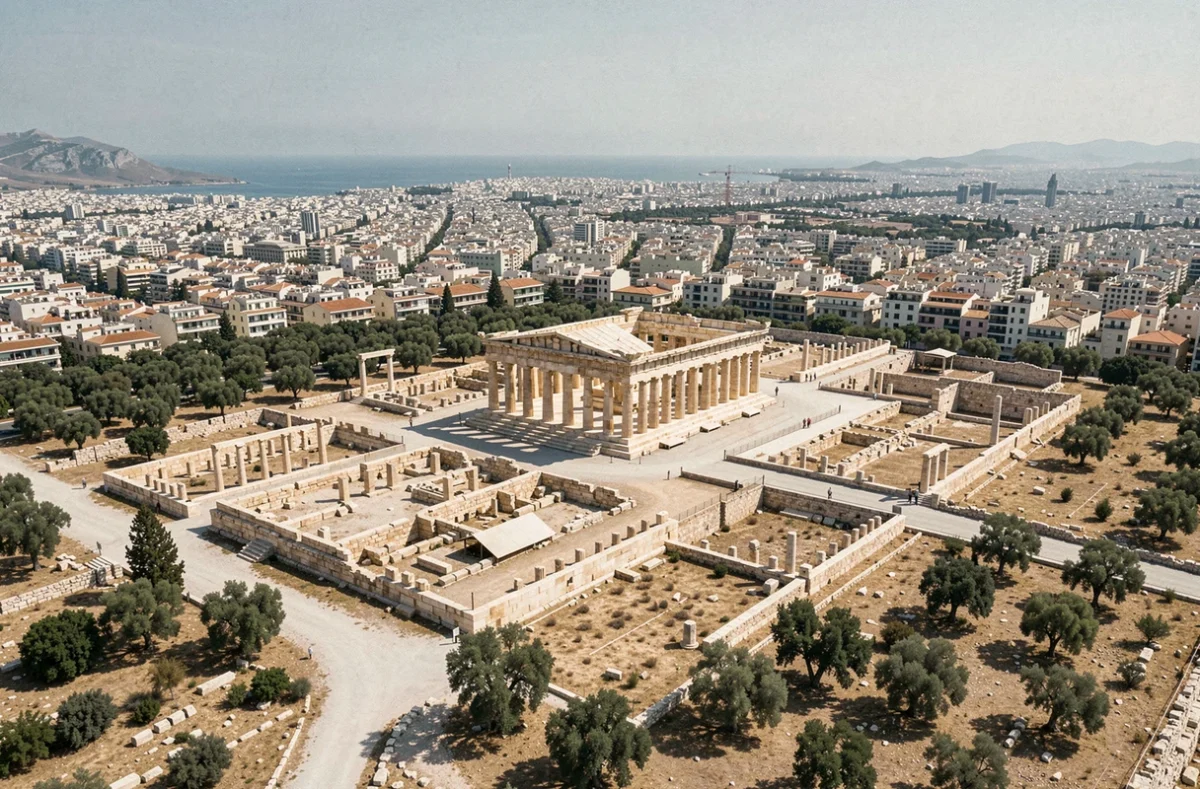 Vue panoramique de l'Acropole d'Athènes avec le Parthénon et la mer en arrière-plan