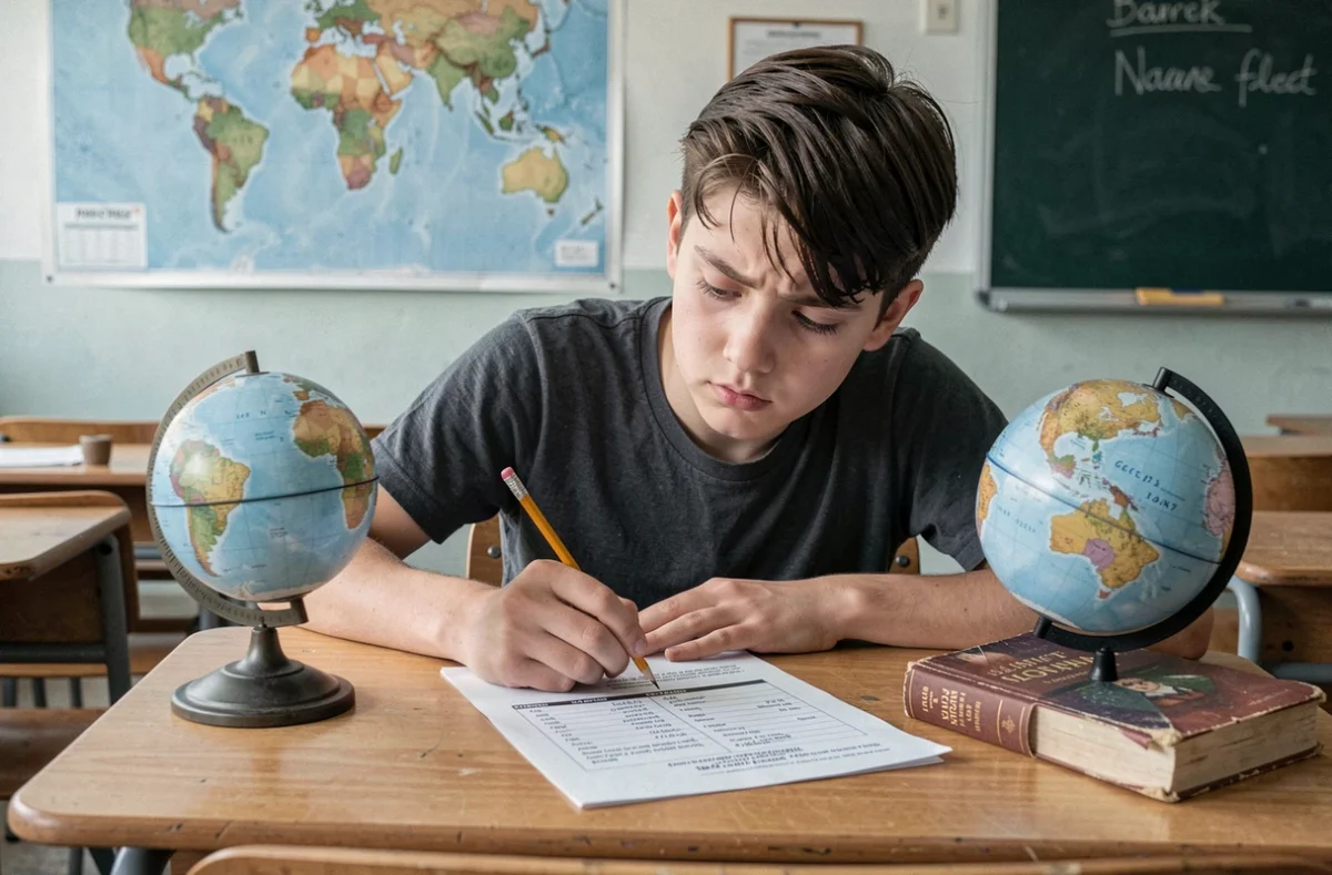 Adolescent concentré sur une feuille de quiz de géographie dans une salle de classe avec mappemonde au mur