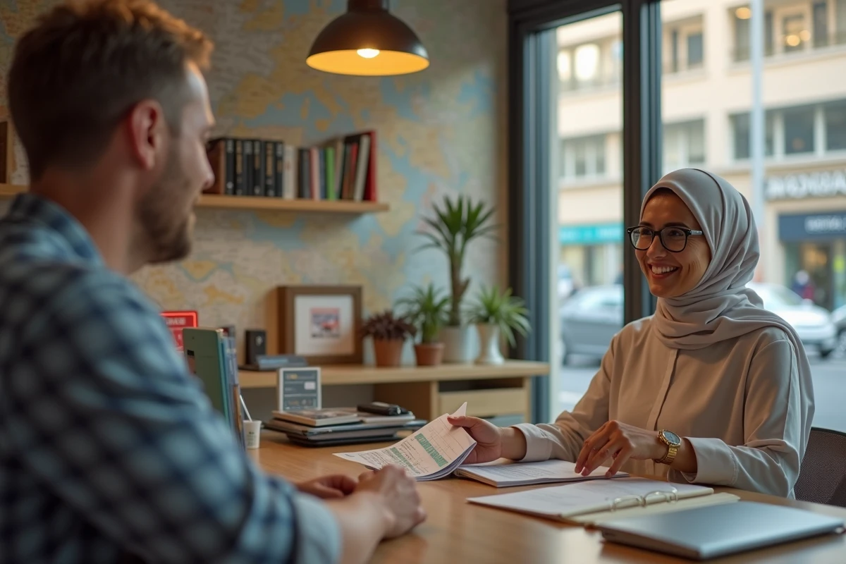 Agent de voyage local remettant des brochures à un touriste à Dubaï