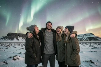 Groupe d'amis en vêtements chauds admirant l'aurore boréale sur un paysage volcanique islandais enneigé