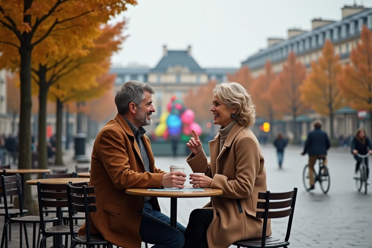 Deux amis discutant au café à Place de la Republique