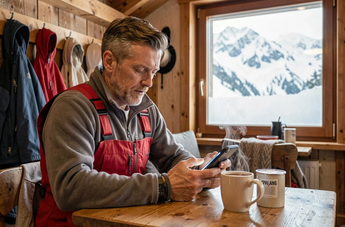 Skieur consultant une application de programme de fidélité pour réserver un forfait ski économique dans un chalet de montagne