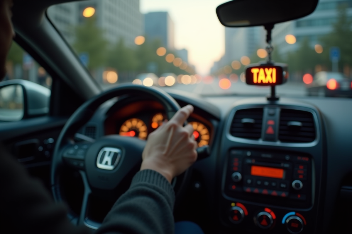 Main appuyant sur bouton lumineux dans un taxi moderne