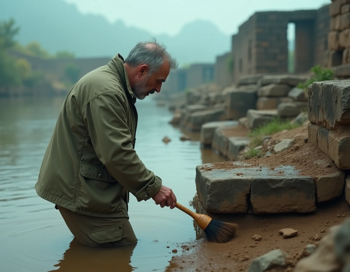 Archéologue découvrant les vestiges d'un village englouti sous l'eau lors d'une fouille