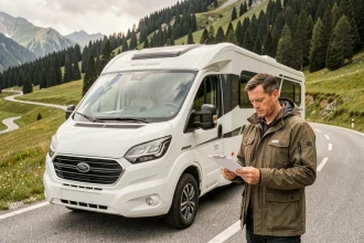 Propriétaire de camping-car Hymer consultant des documents d'assurance au bord d'une route de montagne