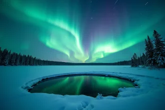 Aurore boréale verte et violette se reflétant sur un lac gelé en Laponie finlandaise entouré de forêts de pins enneigés