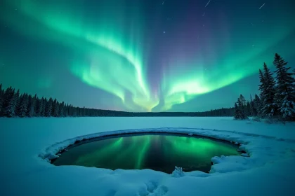 Aurore boréale verte et violette se reflétant sur un lac gelé en Laponie finlandaise entouré de forêts de pins enneigés