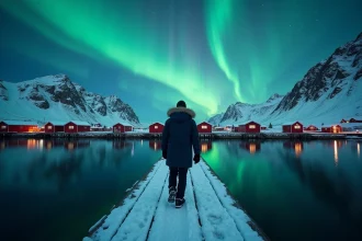 Voyageur contemplant les aurores boréales depuis un ponton enneigé de Reine aux îles Lofoten en hiver, avec les rorbus rouges reflétés dans le fjord
