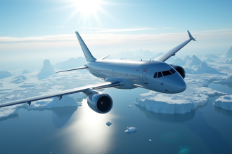 Avion moderne survole la glace antarctique avec glaciers et crevasses