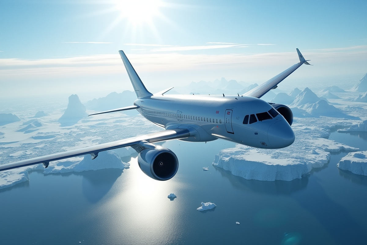 Avion moderne survole la glace antarctique avec glaciers et crevasses