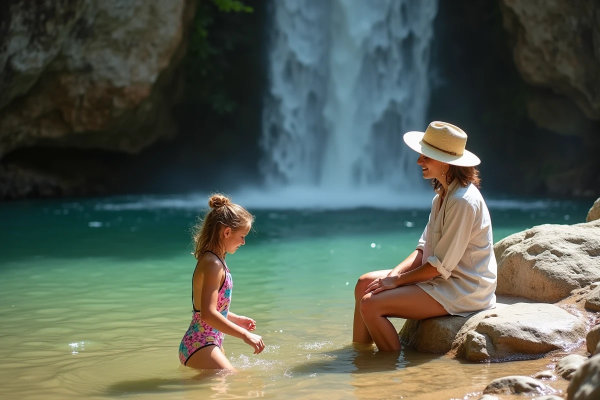 Jeune fille entrant prudemment dans la vasque naturelle au pied de la cascade de la Vis sous la surveillance d'un adulte
