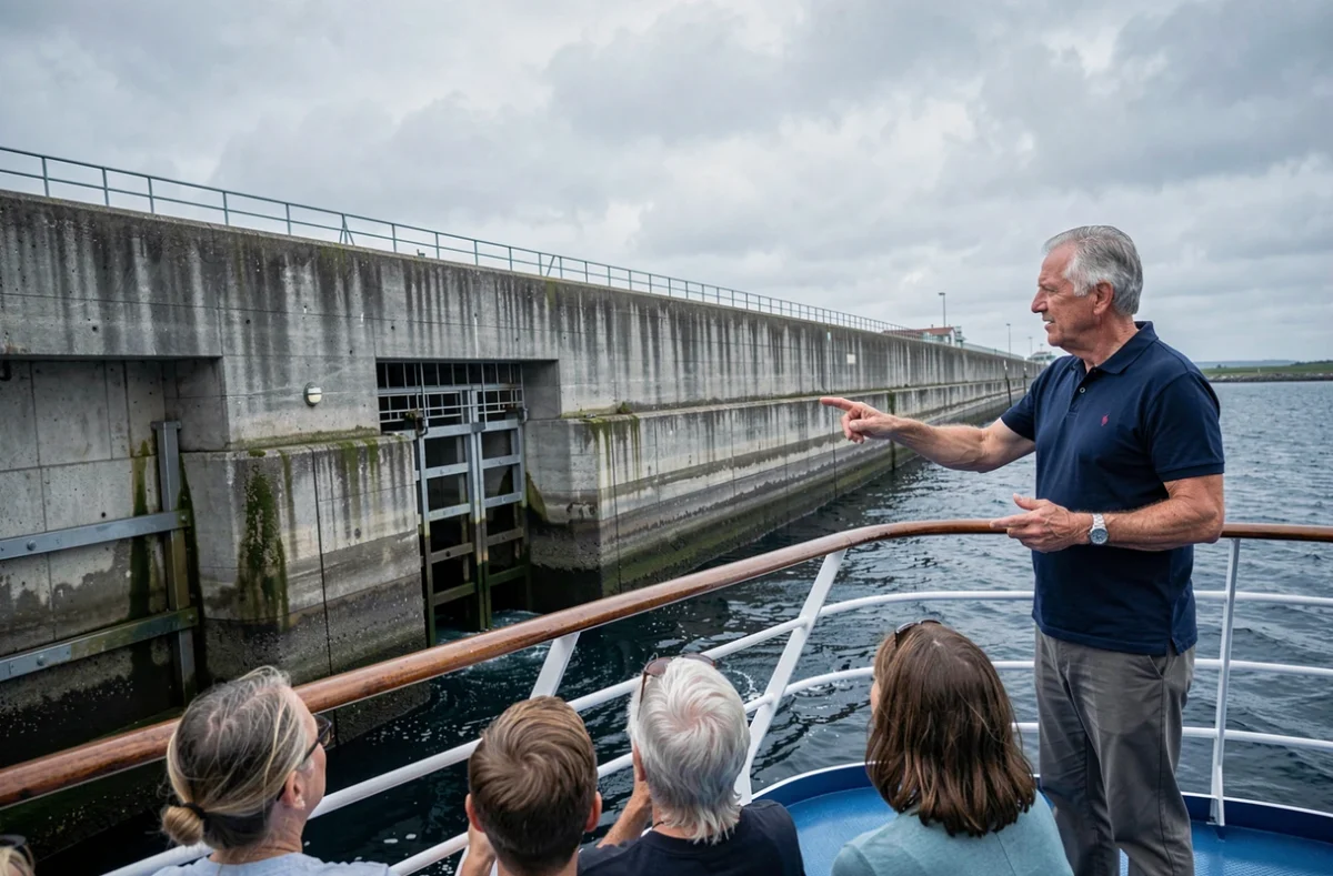 Passage de l'écluse du barrage de la Rance lors d'une croisière fluviale avec un guide expliquant l'usine marémotrice aux passagers