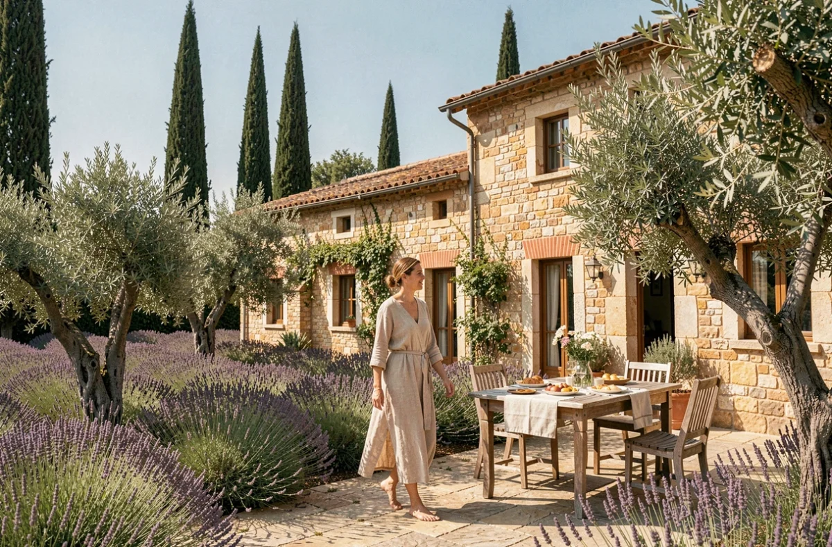 Mas provençal en pierre de La Bastide de Biot entouré d'oliviers et de cyprès dans l'arrière-pays niçois