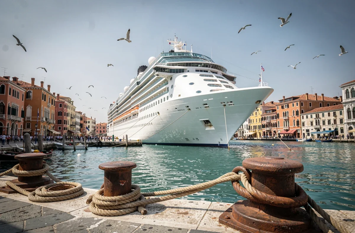 Grand bateau de croisière amarré dans un port méditerranéen historique avec architecture colorée et quai en pierre