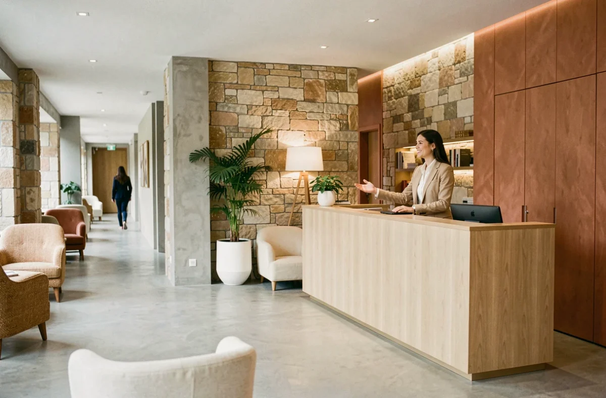 Lobby contemporain du Boutique Hotel Nice Côte d'Azur avec murs en pierre apparente et mobilier design minimaliste