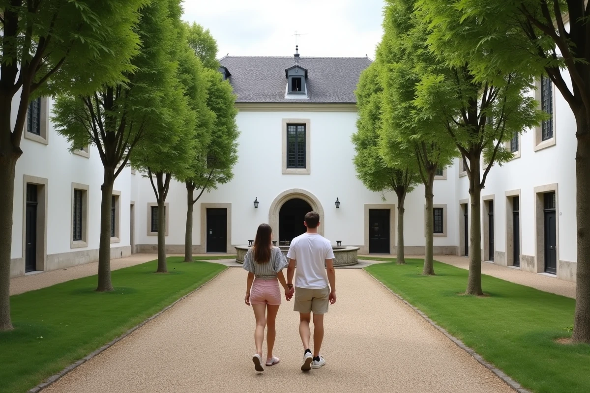 Couple se promenant dans la cour tranquille du Béguinage de Bruges en été