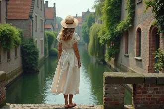 Femme en robe de lin sur un pont de Bruges au-dessus d'un canal désert en été