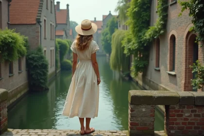 Femme en robe de lin sur un pont de Bruges au-dessus d'un canal désert en été