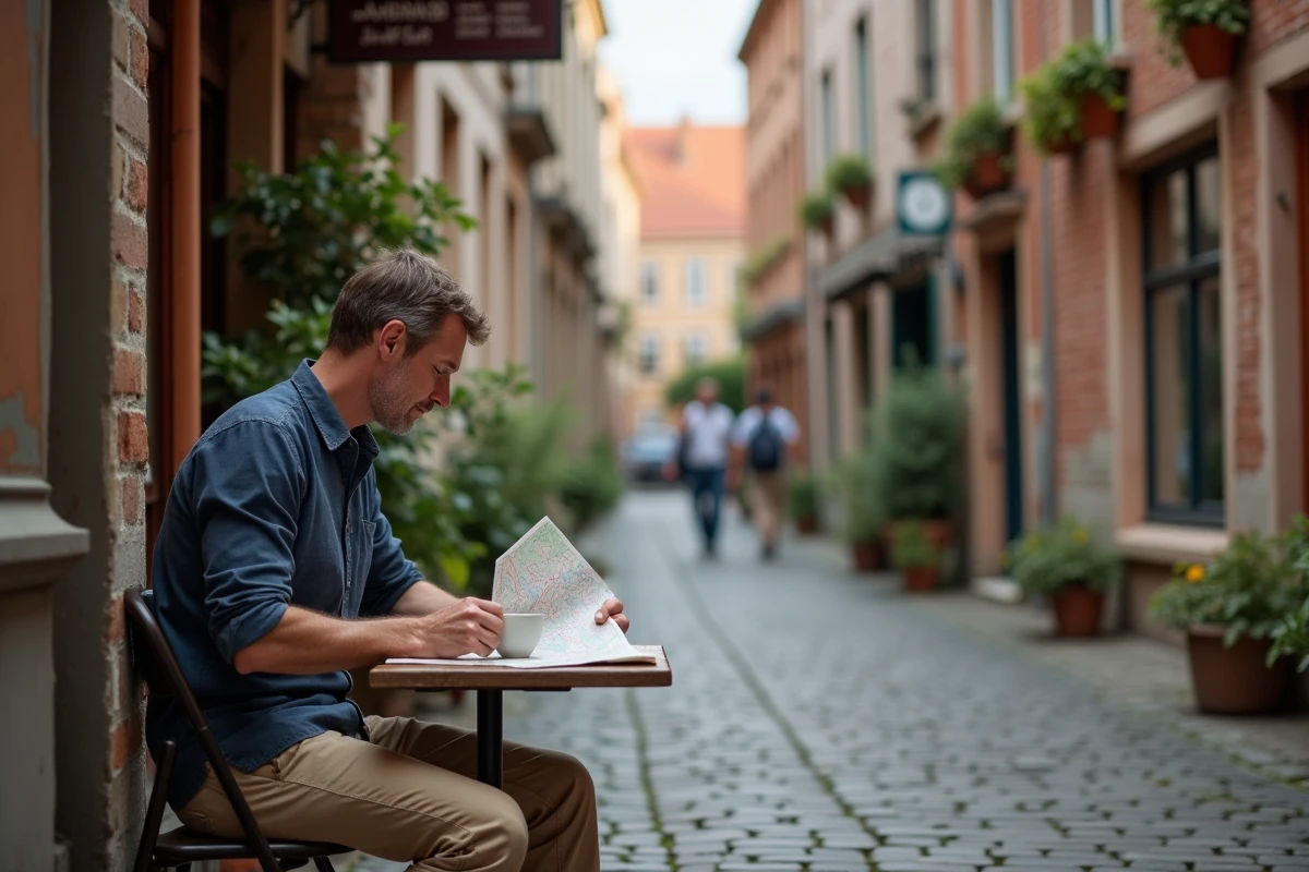 Homme attablé en terrasse dans une ruelle discrète de Bruges loin des touristes