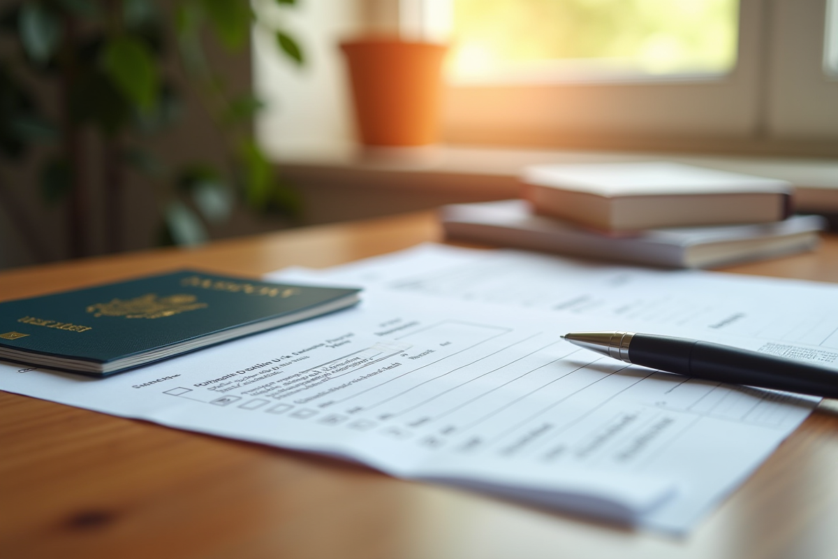 Bureau organisé avec documents de visa et passeport lumineux