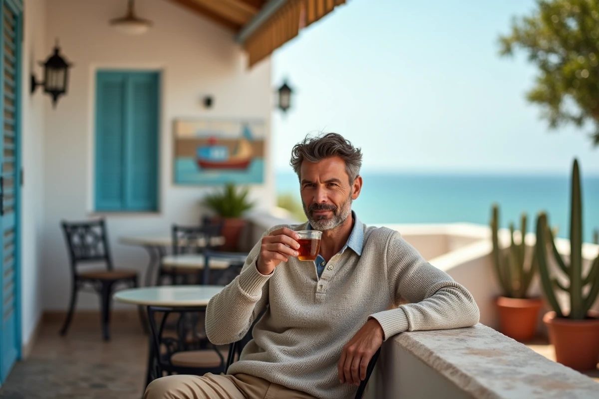 Homme savourant un thé à la menthe en terrasse de café à Essaouira en février avec vue sur l'océan Atlantique
