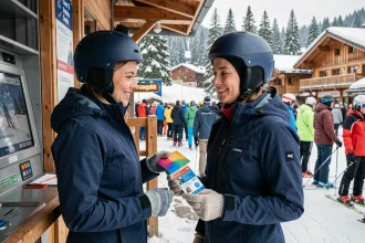 Skieuse utilisant une carte de fidélité pour obtenir un forfait ski pas cher au guichet d'une station alpine