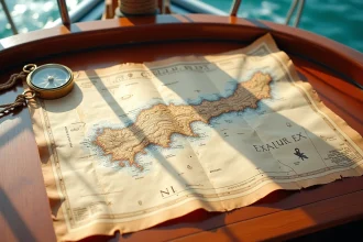 Carte nautique annotée de la Corse du Sud posée sur une table en teck d'un voilier avec compas et corde