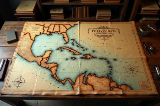 Carte nautique vintage de la mer des Caraïbes posée sur une table en bois avec compas et atlas