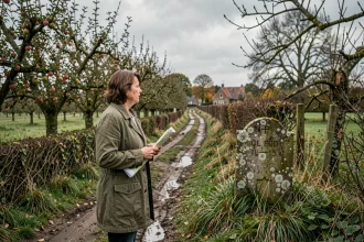 Femme consultant une carte routière sur un chemin de campagne normand bordé de pommiers et de haies bocagères