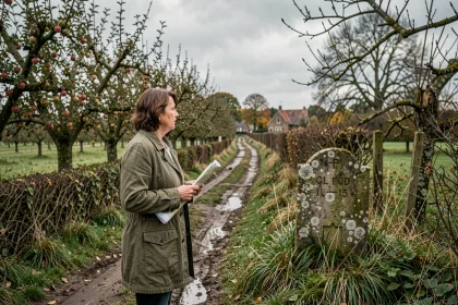 Femme consultant une carte routière sur un chemin de campagne normand bordé de pommiers et de haies bocagères