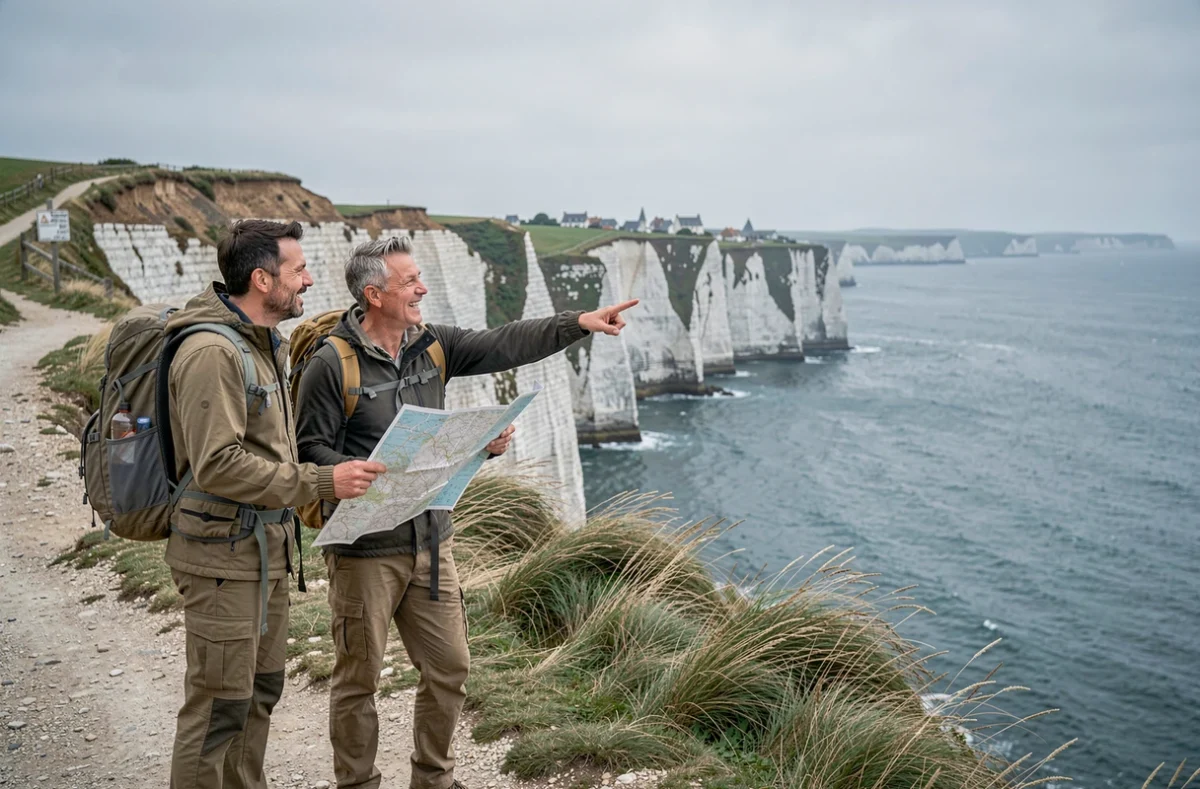 Couple de randonneurs consultant une carte face aux falaises d'albâtre de Normandie avec vue sur la mer