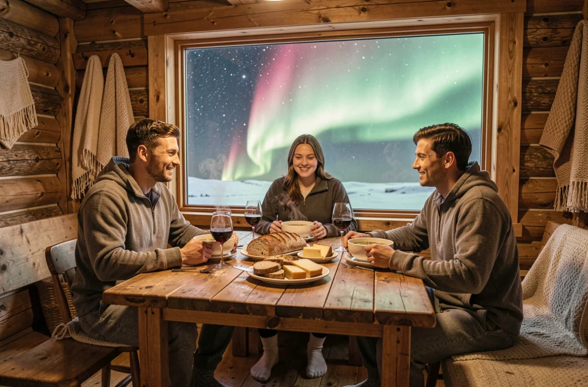 Amis partageant un repas dans un chalet islandais avec vue sur l'aurore boréale par la fenêtre panoramique
