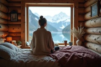 Femme en pull de laine assise sur un lit rustique dans un chalet alpin avec vue sur le lac Oeschinensee au lever du soleil