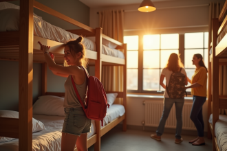 Jeune fille souriante dans une chambre d'auberge le matin