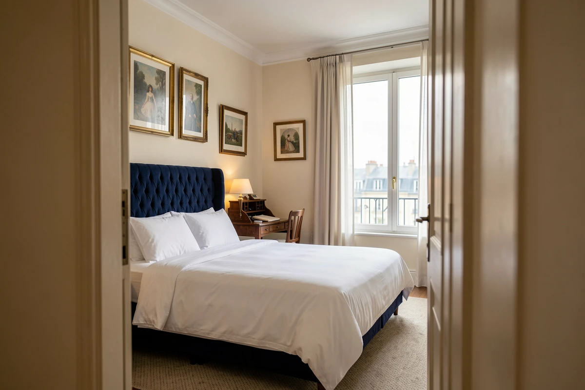 Chambre élégante du Paris Orsay Hôtel avec literie blanche, tête de lit en velours bleu marine et vue sur les toits parisiens