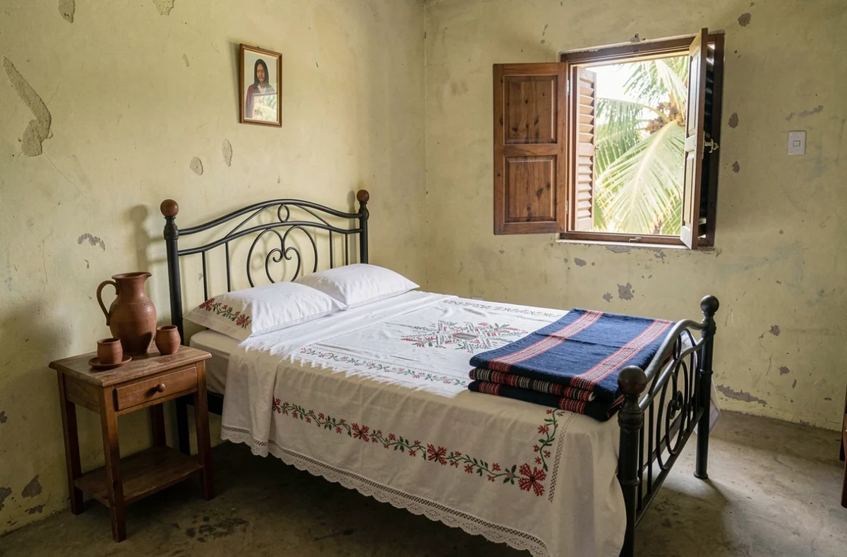 Chambre simple et authentique chez l'habitant à Ganare en Haïti avec literie artisanale locale