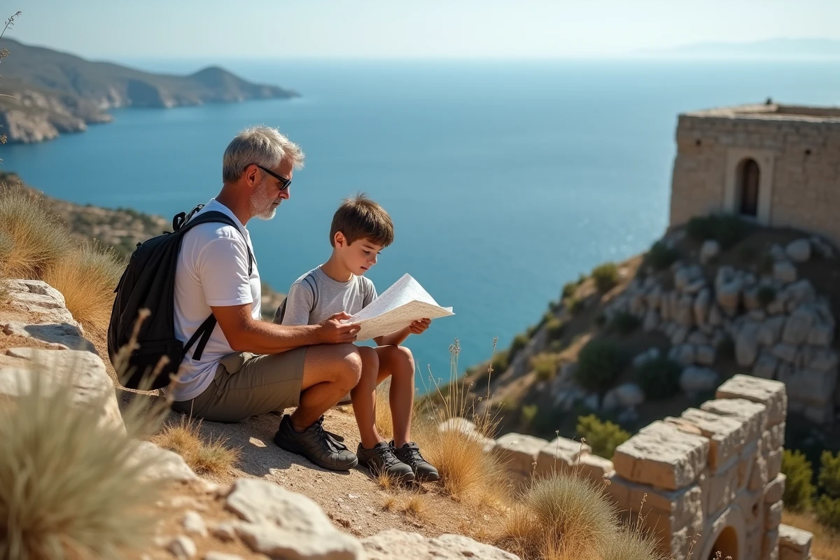Père et adolescent consultant une carte devant les ruines du château byzantin de Kythira avec vue panoramique sur la mer Égée