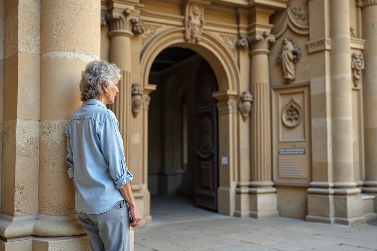 Touriste admirant le portail sculpté du Château de Gordes avec ses détails architecturaux Renaissance en pierre calcaire