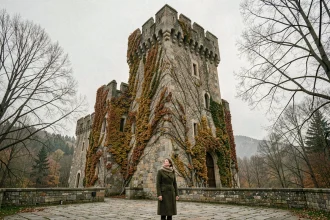 Femme contemplant la façade médiévale du château de Requesens en automne, entourée de végétation dormante et d'arbres dénudés