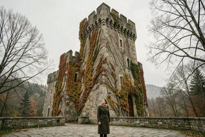 Femme contemplant la façade médiévale du château de Requesens en automne, entourée de végétation dormante et d'arbres dénudés
