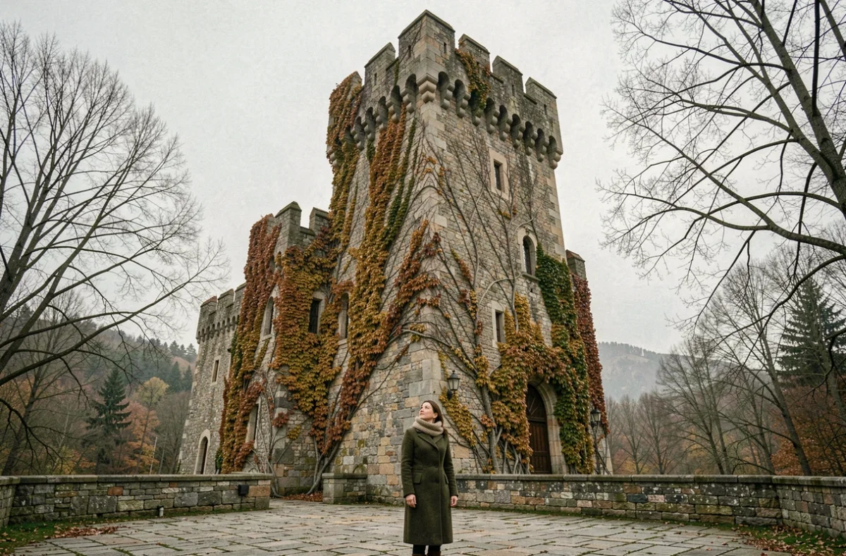Femme contemplant la façade médiévale du château de Requesens en automne, entourée de végétation dormante et d'arbres dénudés