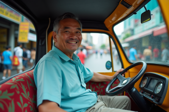 Chauffeur de tuk tuk souriant à Bangkok en ville animée