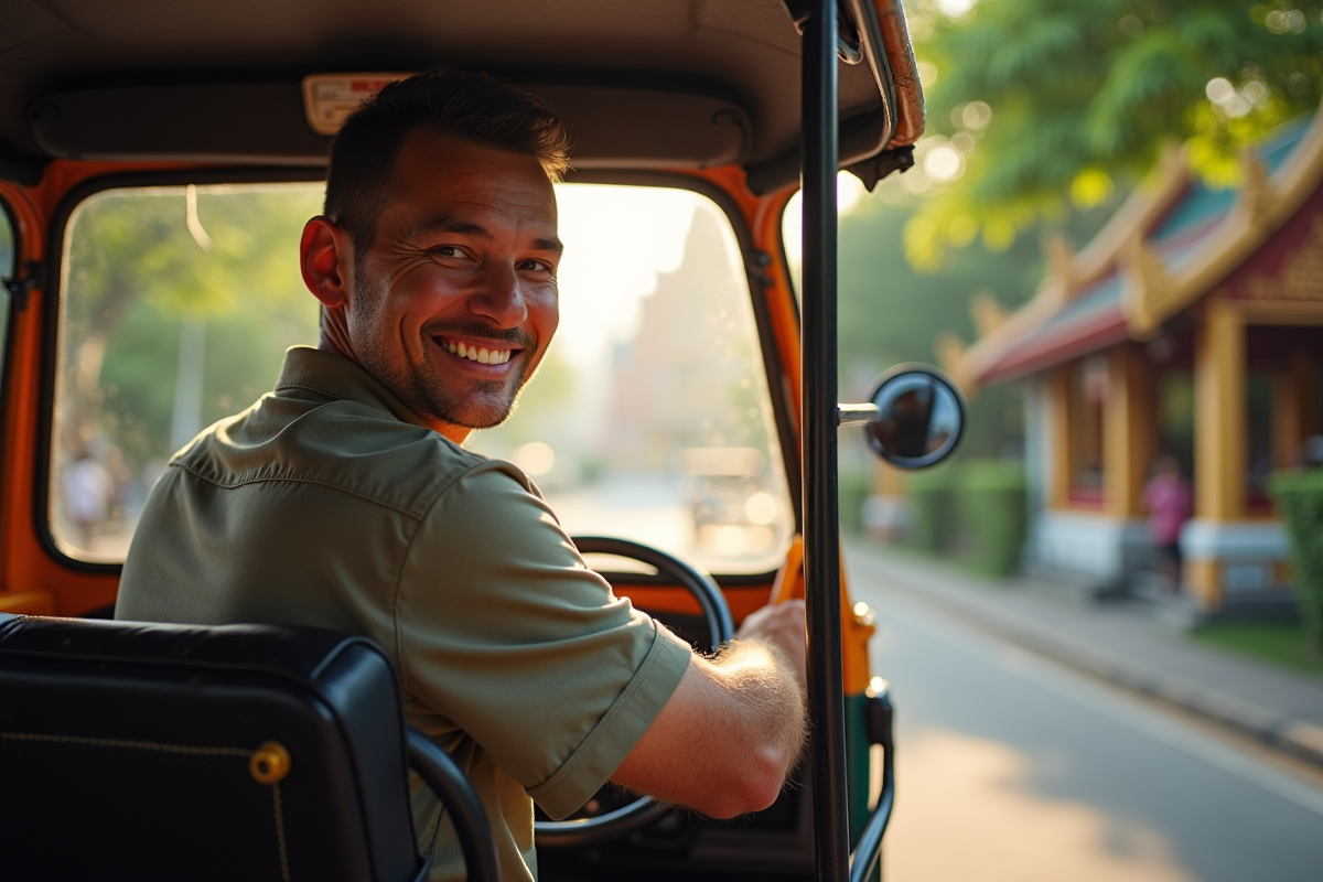 Chauffeur de tuk tuk souriant près d un temple thaïlandais au matin