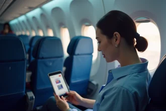 Passagère en classe économique Delta Air Lines regardant l'écran de divertissement à bord