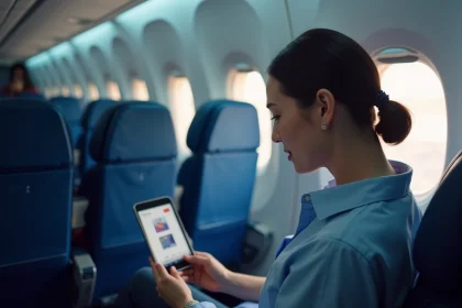 Passagère en classe économique Delta Air Lines regardant l'écran de divertissement à bord