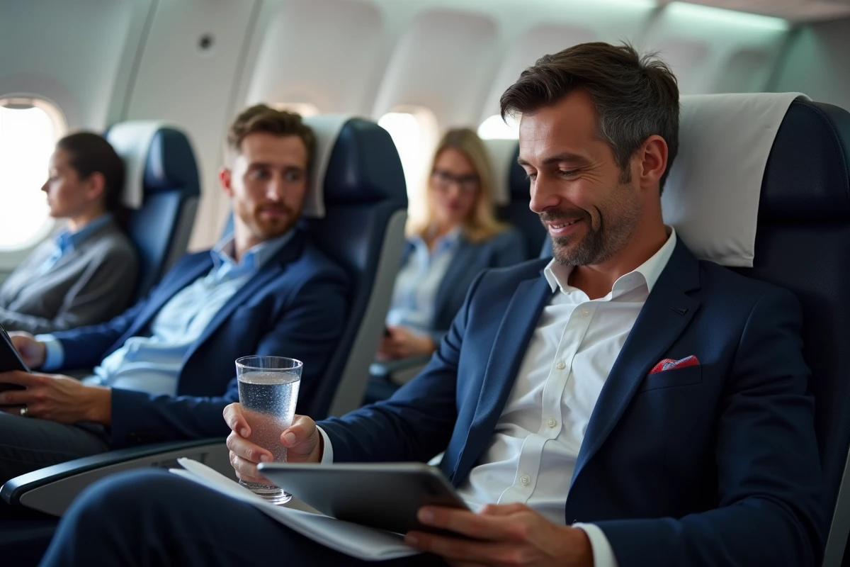 Homme en classe premium Delta Select récupérant sur son siège inclinable avec tablette et boisson