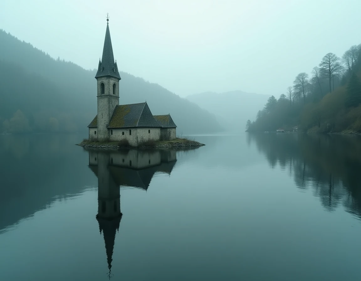 Clocher d'une église médiévale engloutie émergeant d'un lac de barrage en milieu forestier