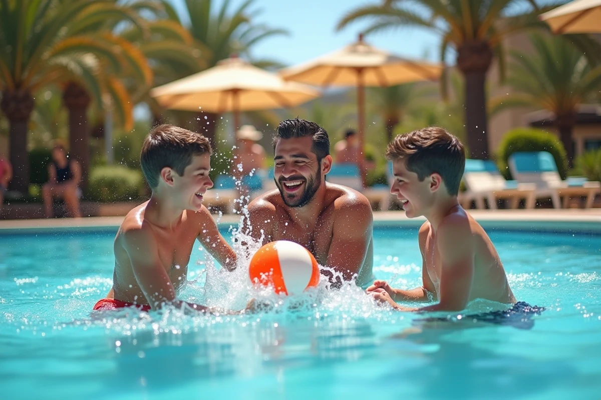 Père et adolescents jouant dans la piscine d'un club vacances tout compris en Espagne, illustration des séjours familiaux abordables à l'étranger