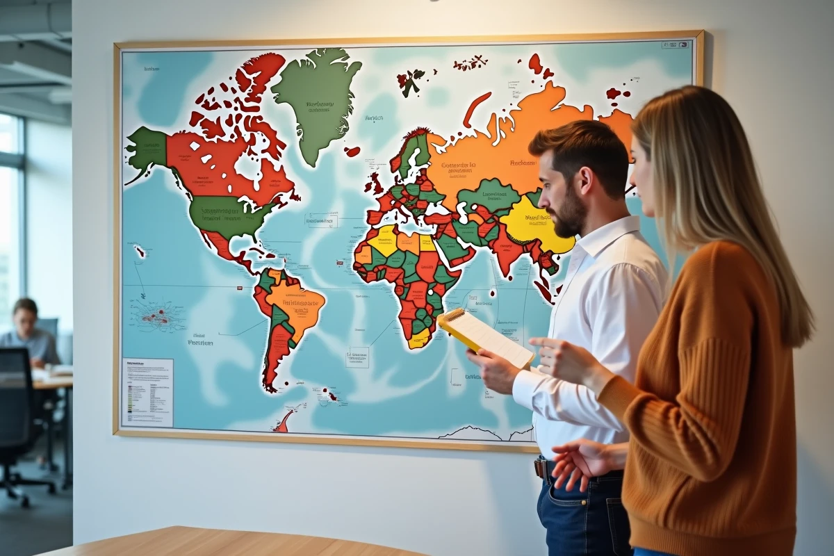 Deux collègues analysant une carte murale des fuseaux horaires du monde dans une salle de réunion de bureau moderne